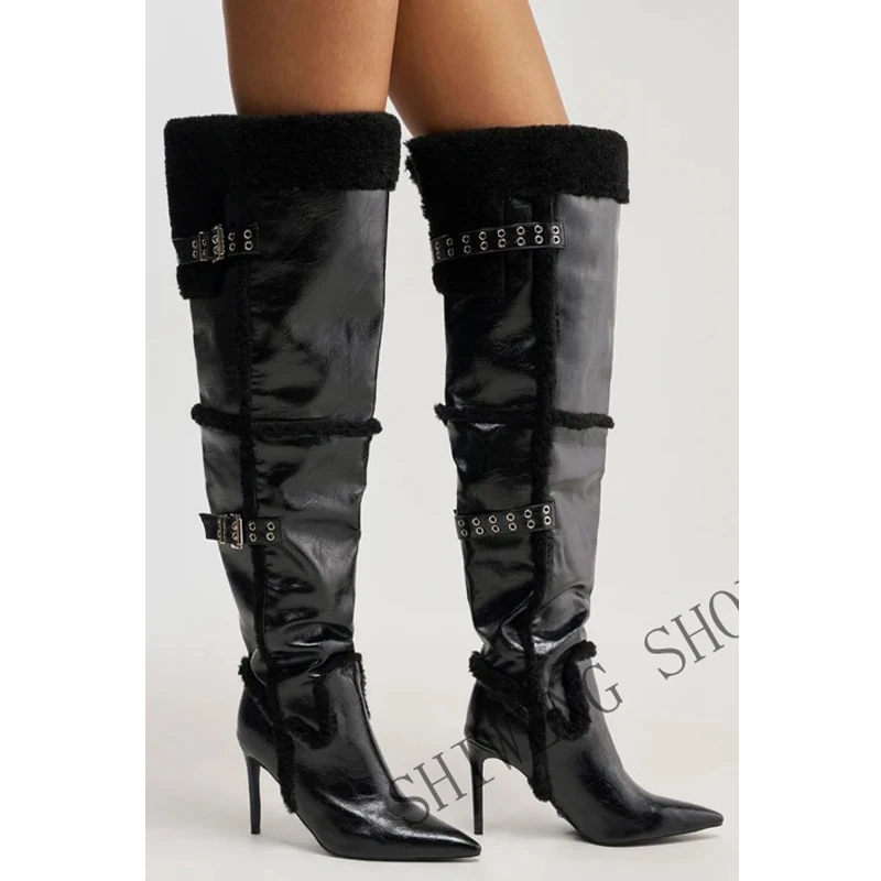 2026 Women High Boots Black Leather Fur Pointed Toe Thin High Heels Knee-High Boots Punk Buckle Strap Pleated Knight Booties 44