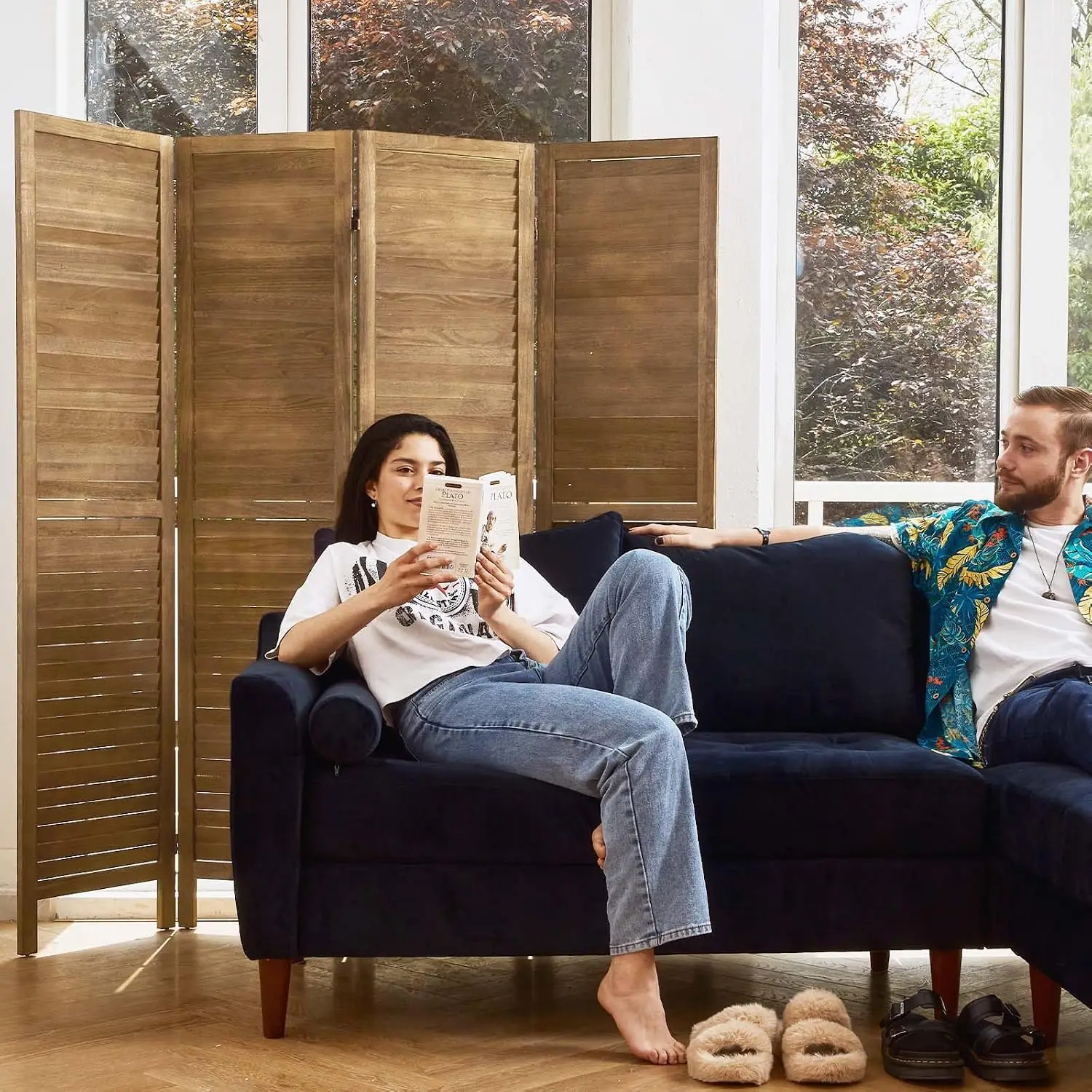 Folding Wood Room Divider, Double Hinge Temporary Wall, 5.6 Ft Louver Privacy Screen for Home Office Bedroom Hotel, 4 Panels, Cu