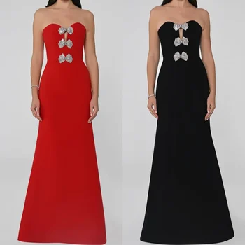 Aangepaste retro mode jersey strik strass plooi a-lijn strapless lange jurken homecoming jurken hoge kwaliteit moderne stijl