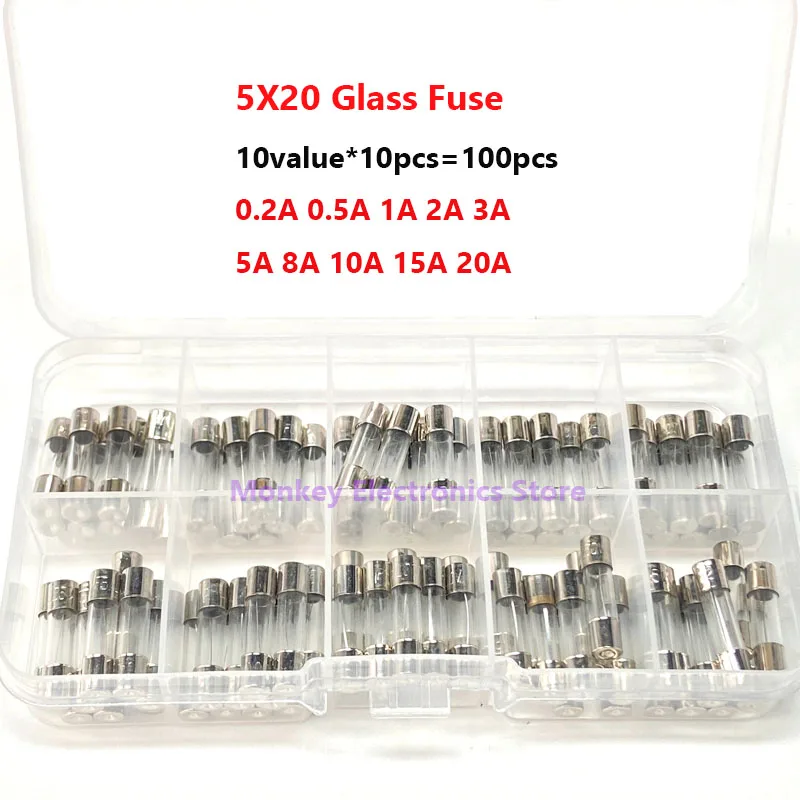 5X20 sopro rápido tubo de vidro fusíveis kit fusíveis tubo de vidro do carro com caixa fusíveis domésticos 0.1A-30A 100/150pcs