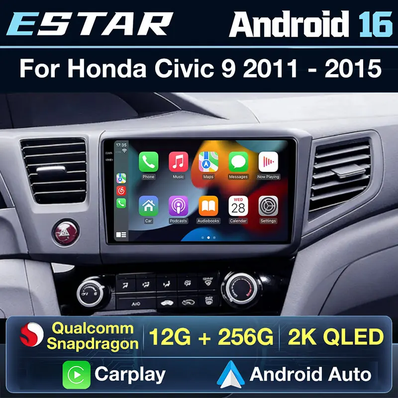 Carplay Inalámbrico Android 16 para Honda Civic 9 FB FK FD 2011-2015, Radio de Auto con Audio DSP, BT, SWC, 4G LTE, RDS, 2din, WIFI, Navegación, DTS