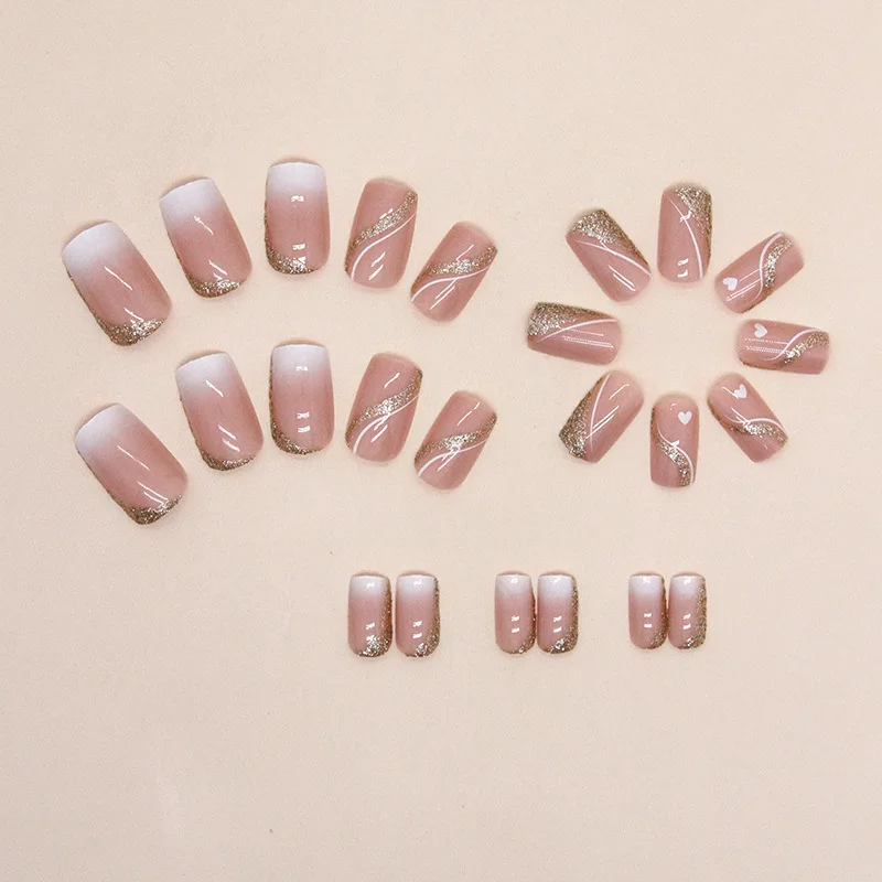 Short Medium fake nails for women gilrs french square nail tips golden glitters strips leaf heart design press on false nails view 6
