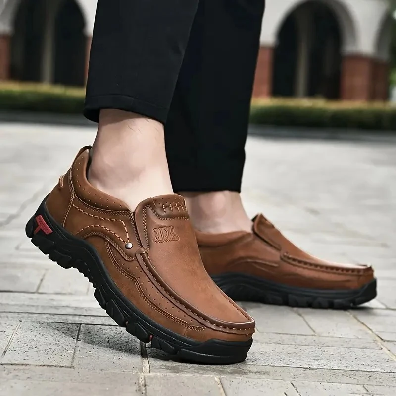 

Men Leather Shoes Flats Moccasins Walking Non-Slip Handmade Leather Casual Outdoor Slip On Loafers