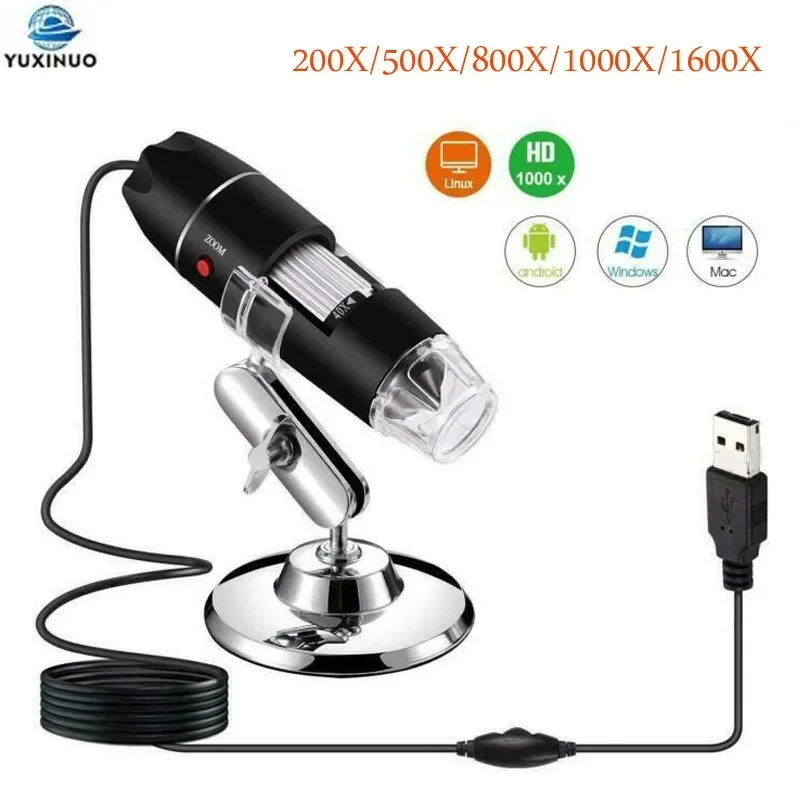 1600X 1000X 800X 500X 200X USB Digital Microscope Handheld Interface Electronic Magnifier 8 LEDs Endoscope Camera with Stand