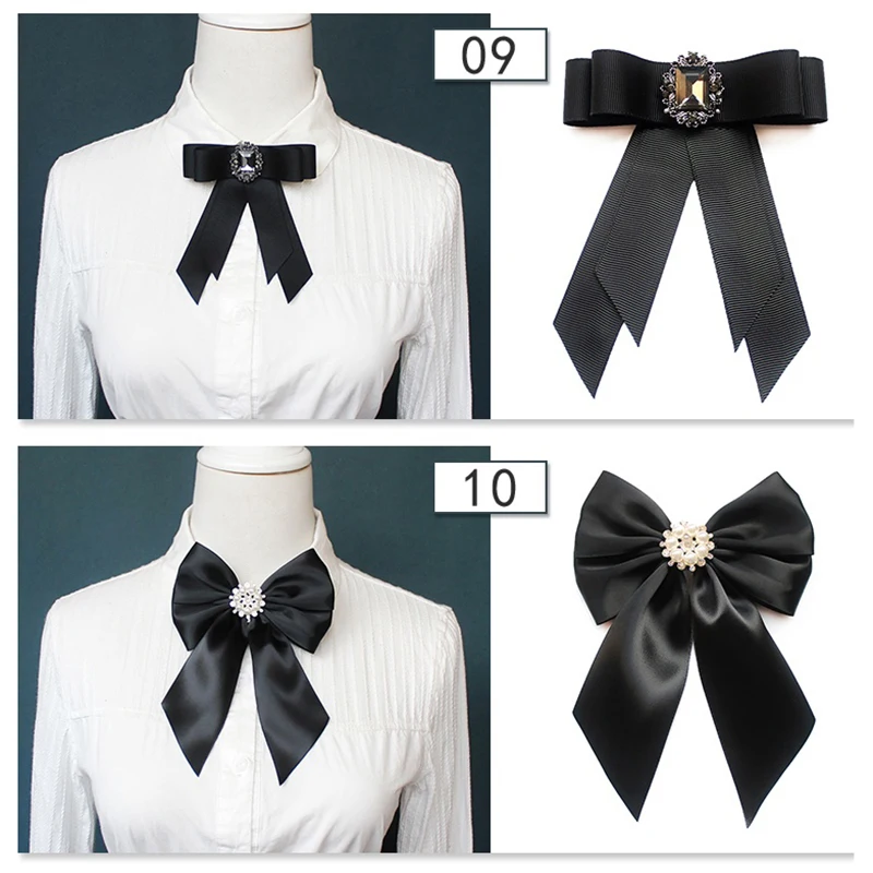 New Korean Women's Bow Tie Brooch Black Rhinestone Pearl Shirt Collar Pins Fashion Bowknot Bowtie Ribbon Wedding Party Necktie