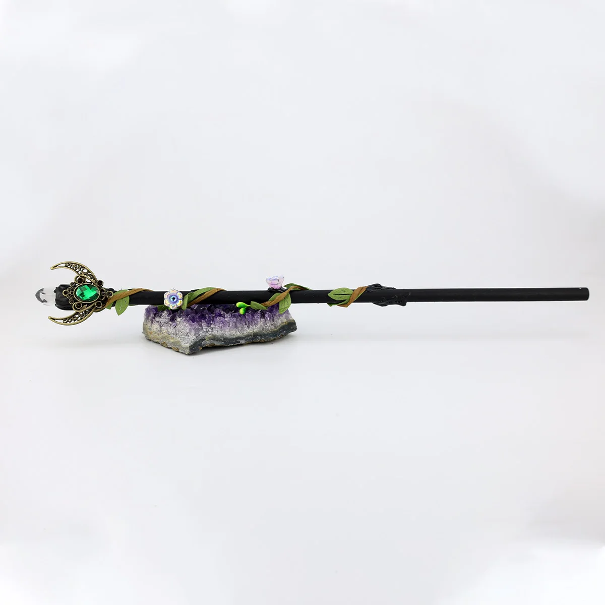 1pc Black Wooden Moon Magic Wand Wrapped with Green Leaves, Inlaid with Metal Crescent White Crystals Witch Stick