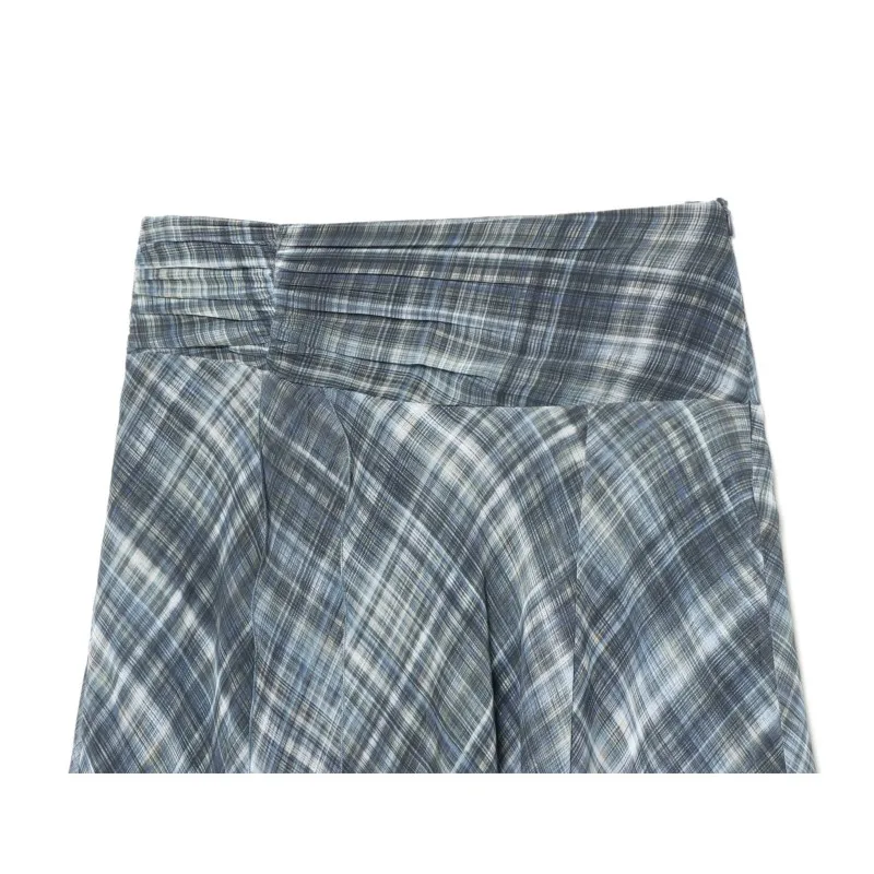 Spring Summer Women Asymmetric Check Midi Skirt Casual High Waist Women's Side Zip Lady Skirts with Gathers Female Chic Skirts