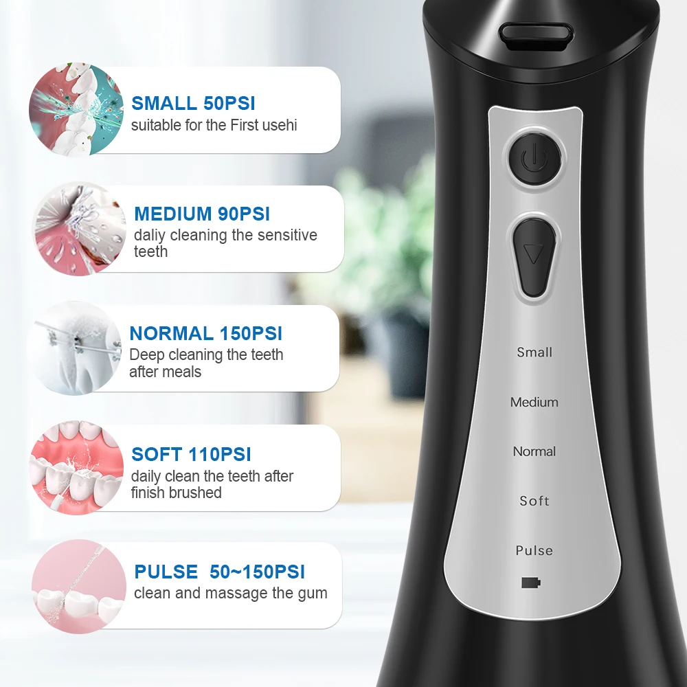 Fairywill Water Flosser 5 Mode Portabel Dapat Diisi Ulang Jet Air Gigi 6 Nozel Tahan Air 300ML Tangki Irigator Mulut untuk Gigi