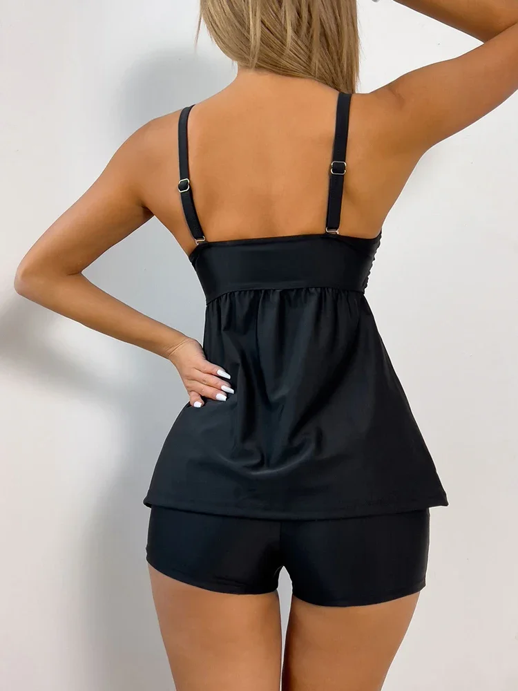 2025 nova cintura alta tankini sexy conjunto de biquíni feminino preto banho piscina maiô retro fresco folha impressão cinta maiô nadar menina