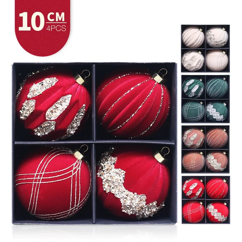 10cm 4pcs Christmas Ball Ornaments Flocking Red Christmas Tree Party Decoration New Year Christmas Spheres Pendant 2024