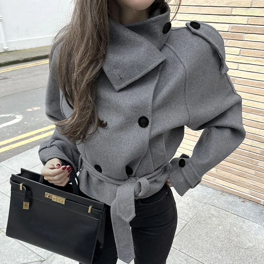 

Linad элегантные серые двубортные пальто женские зимние коричневые с карманами водолазки куртки 2025 повседневная грубая шерстяная верхняя одежда