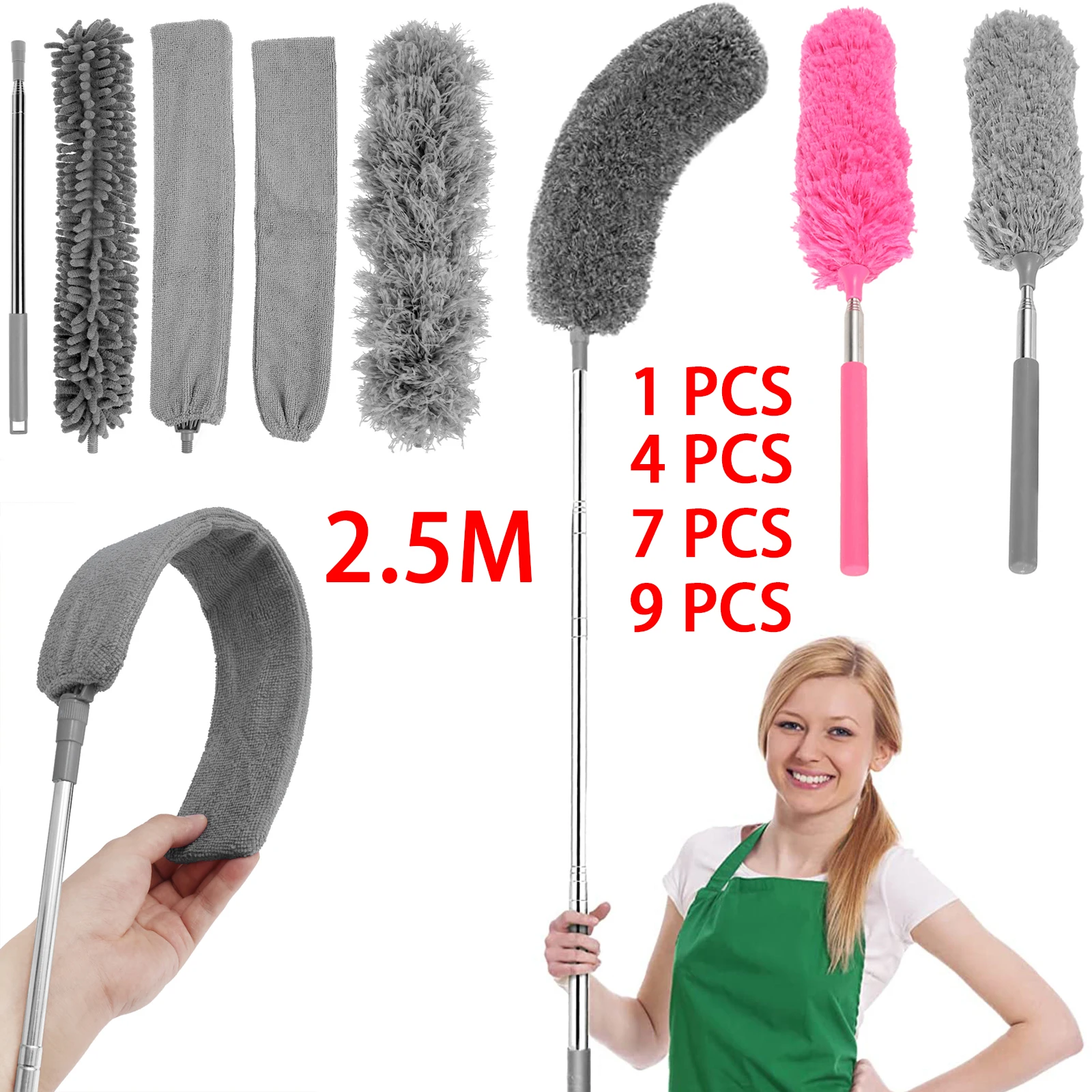 Long Handle Microfiber Duster Extendable Feather Duster Cleaning Kit with 30\'\' to 100\'\' Pole Reusable Bendable Washable