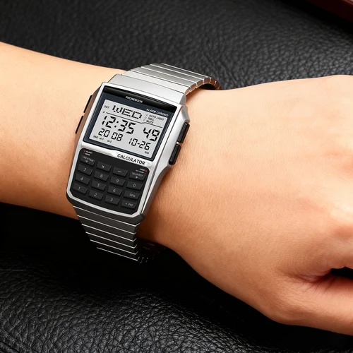 Imagen 2 del producto Reloj con banda de acero inoxidable para hombre, reloj con calculadora multifunción, reloj LED, estilo ordenador, caja de regalo de lujo superior