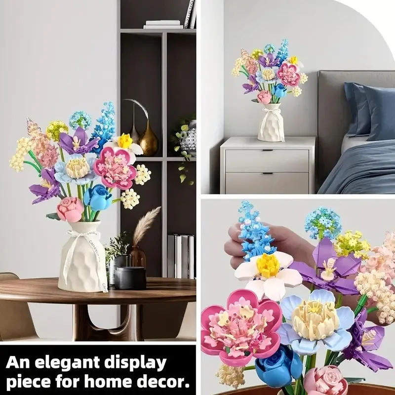 865pcs Rose, Narcissus, Hydrangea Flower Building Blocks Set, Suitable for Adult Bouquet Plant Series, Home or Office Decoration