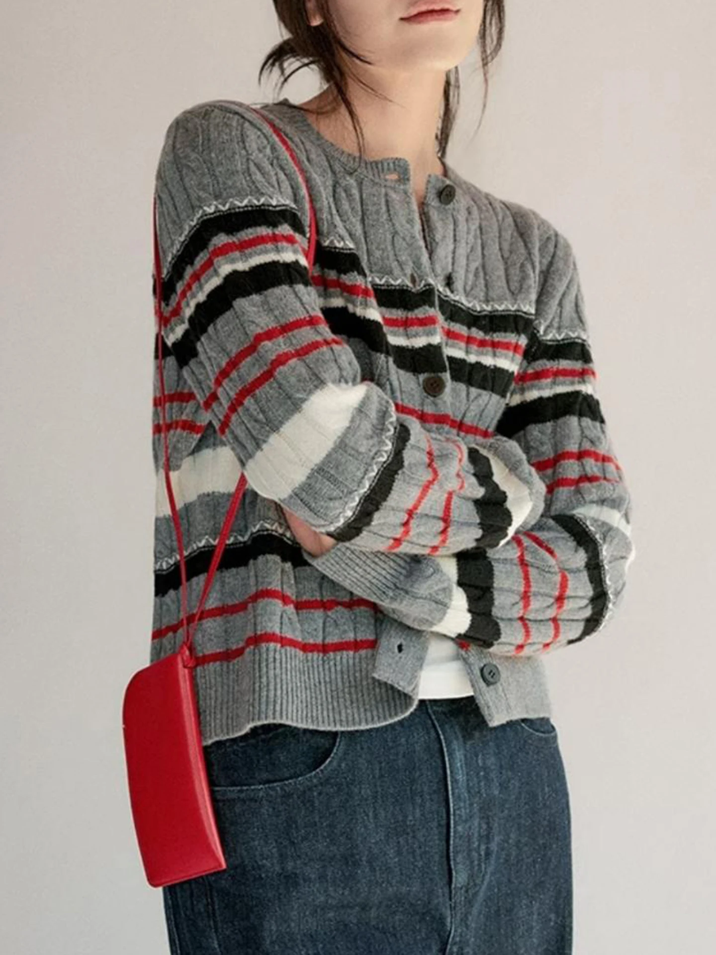 New 100%Merino Wool Cardigan for Women O-Collar Knitted Stripe Collision Color Sweater Autumn Winter Casual Comfortable Warm Top