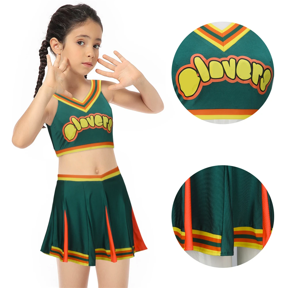 Green Clovers Impresso Uniforme de Cheerleader para Crianças, Traga roupas de Cheerleading, Vestido de bola extravagante, Regata, Mini saia