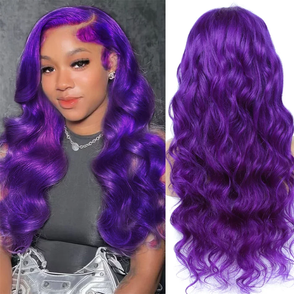 

180% Purple Colored Lace Front Wig Transparent 13x4 Lace Front Human Hair Wigs Pre Plucked Body Wave Lace Frontal Wig For Woman