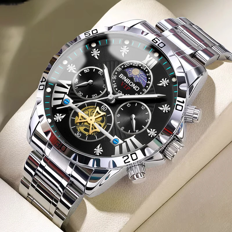 BINBOND رجال الأعمال الساعات العلامة التجارية الأعلى ساعة كوارتز أصلية للرجل مقاوم للماء مضيئة دولاب الموازنة كرونوغراف القمر المرحلة 3103G