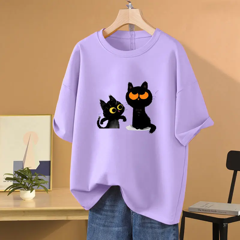 

Summer 100% Cotton O-neck Loose Casual Tops, Cartoon Printed Short Sleeve T-shirt, Women Clothing Vintage Basic Pullovers