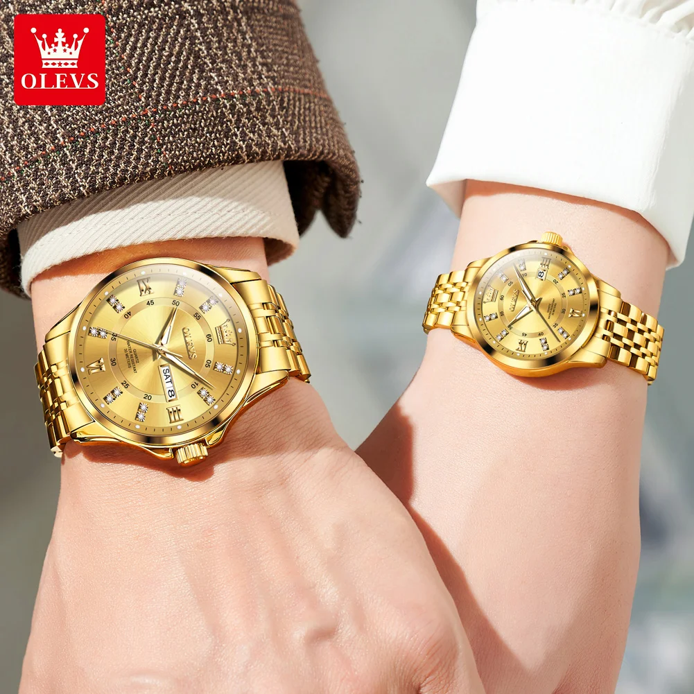 Relojes de pareja OLVES Premium, elegantes, de lujo, de alta gama, de cuarzo, personalizados, de oro y acero, resistentes al agua, para parejas.