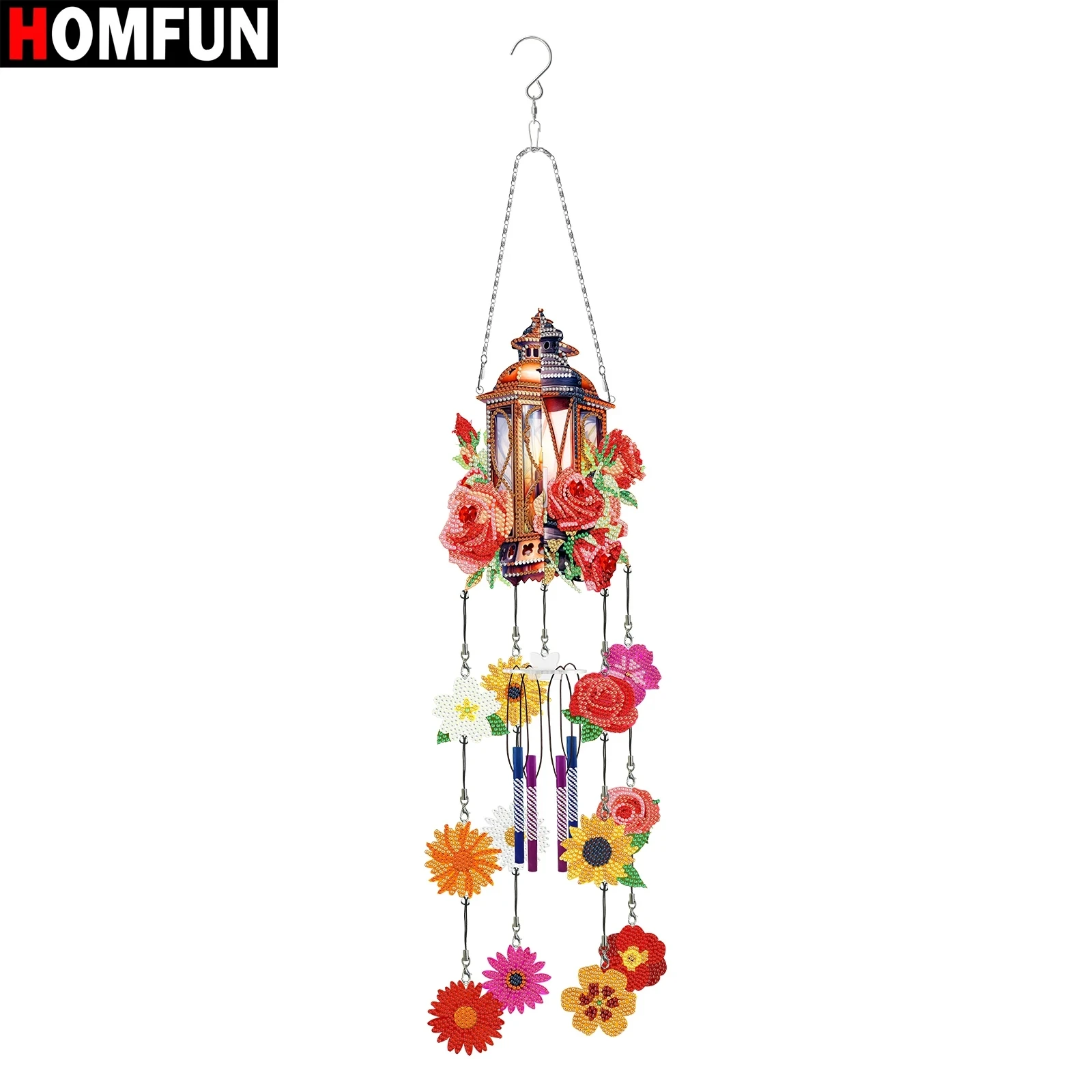 HOMFUN DIY Double Side Wind Chime Rose Lantern Flower Diamond Painting Dot Pendant Embroidery Window Pendant Garden Home Decor