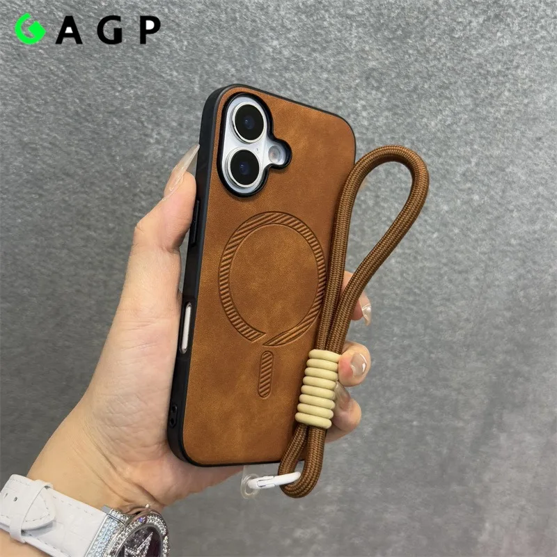 

for Magsafe PU Leather Skin Lanyard Case for iPhone 16e 15 14 13 11 12 Pro Max 16 Plus Hand Wrist Strap Matte Soft Cover