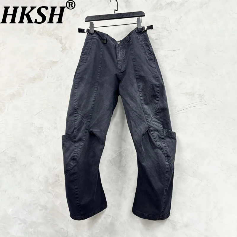 

HKSH Spring Autumn New Man Tide Safari Style Vintage Washed Dirty Dye Pleated Loose Multi-pocket Casual Chic Cargo Pants HK13422