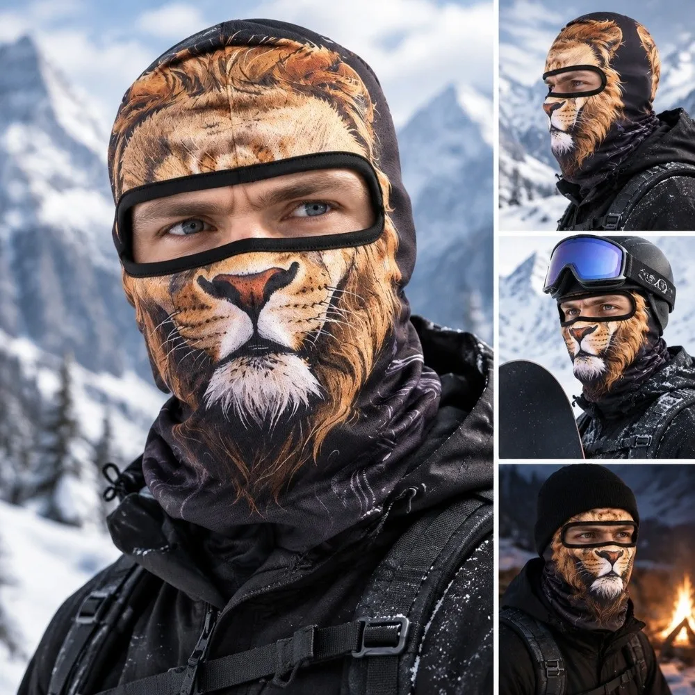 3D Printed Animal Pattern Funny Ski Mask Full Coverage Breathable Eye Hole Ski Mask Hood Sweat Absorbent Quick Dry Neck Gaiter