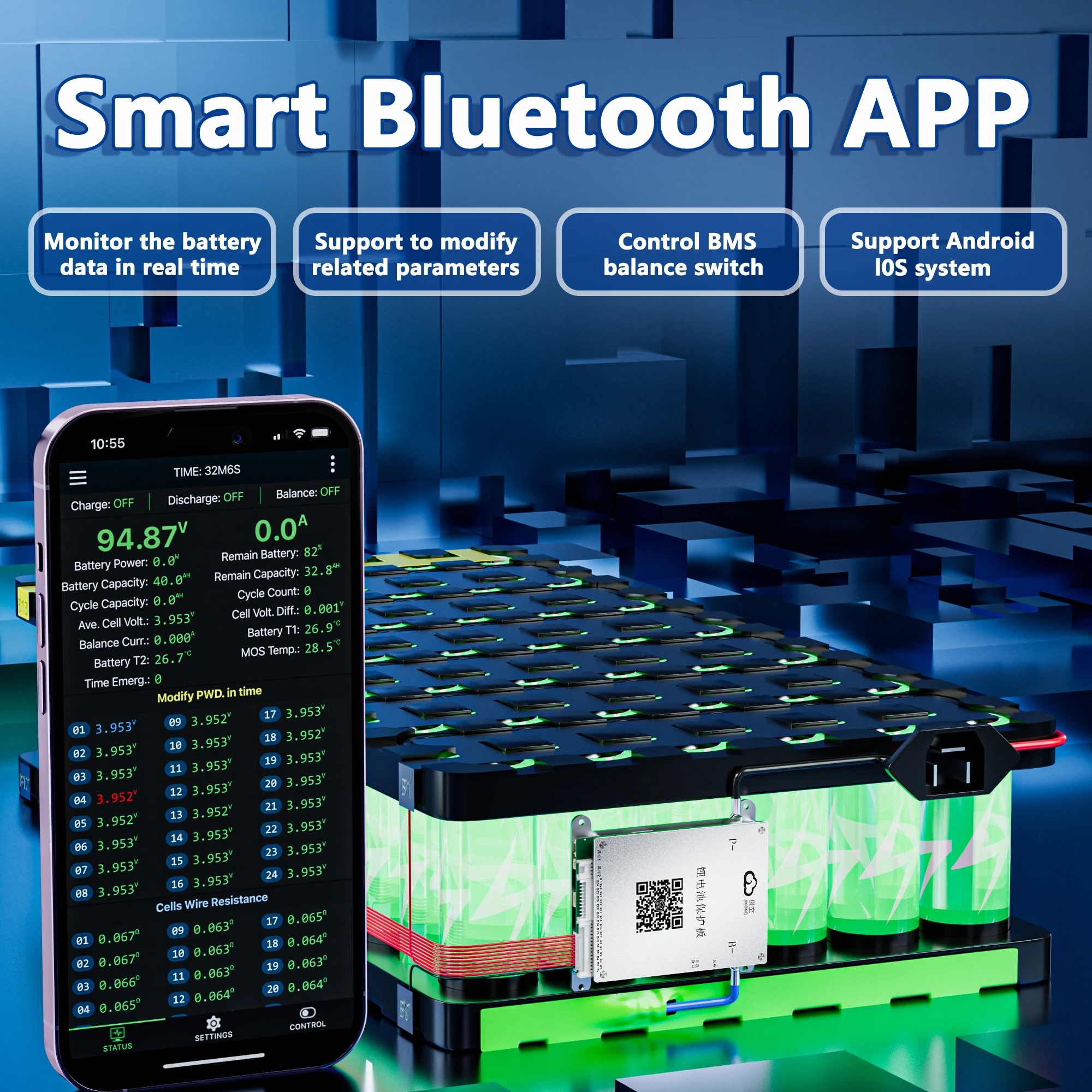 JIKONG Smart BMS BD4A24S4P 0,4 A aktiver Gleichgewichtsstrom für 8S-24S 40A Li-Ion/LiFePo4/LTO Batterie-Equalizer JKBMS Balancer