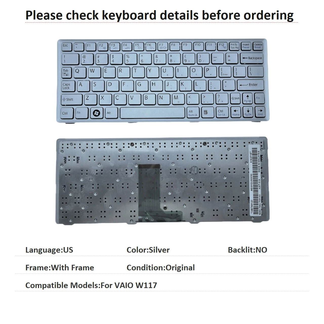 New US Language  Keyboard For Sony VAIO W117 Notebook PC Replacement Keyboard