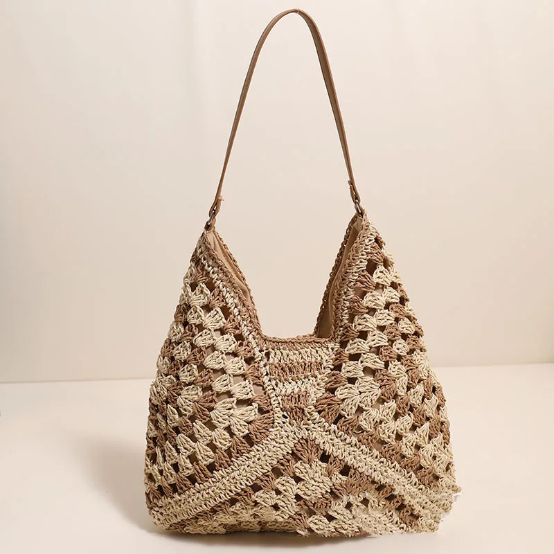 Retro Contrasting Woven Bag 2024 New Hollowed Out Flower Large Triangle Magnetic Buckle Shoulder Bag Leisure Vacation Beach Bags