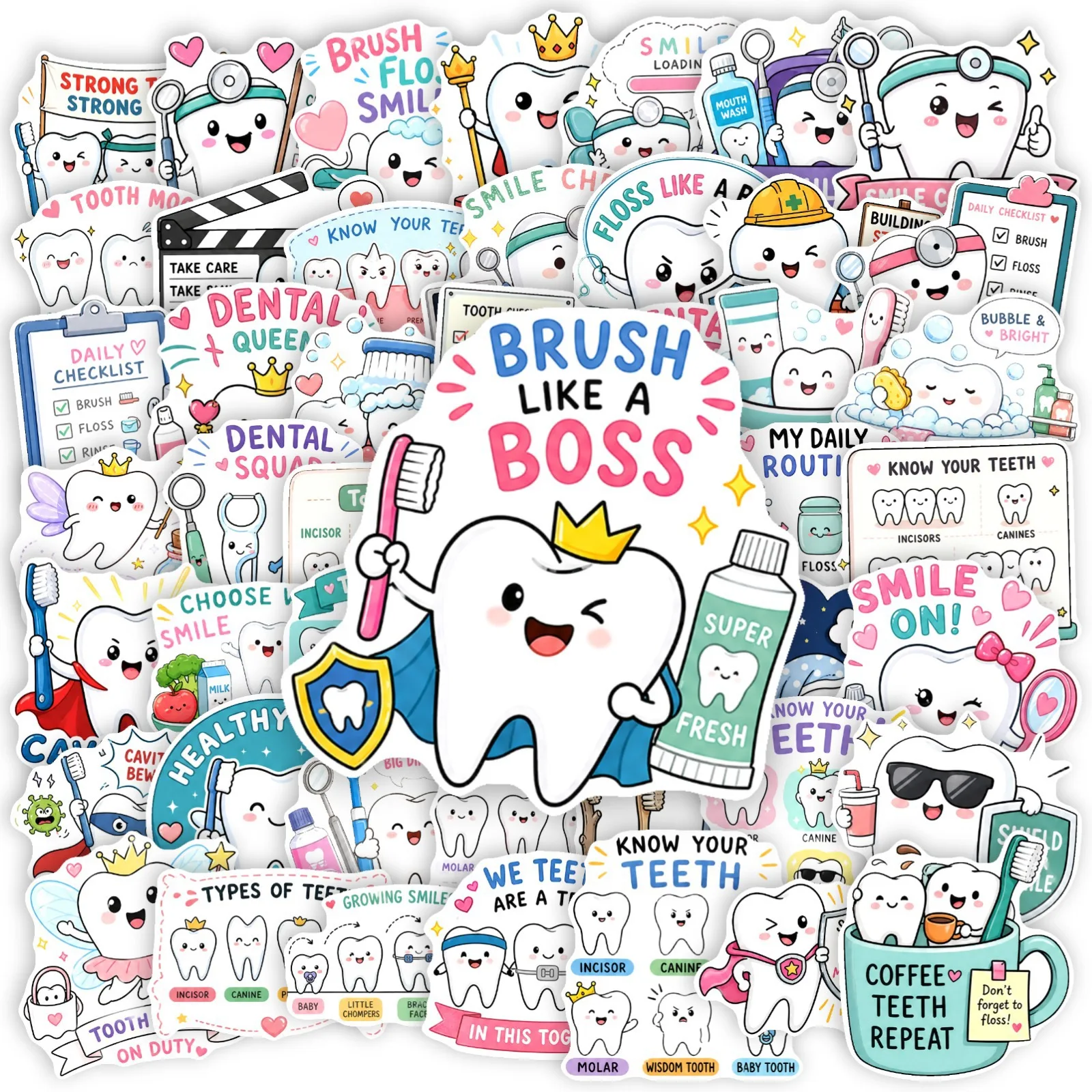 50pcs Cute Dental Tooth Shaped Stickers Cartoon Teeth Sticker Dentist Store Toothbrush Label Decoration Dentistry Gifts