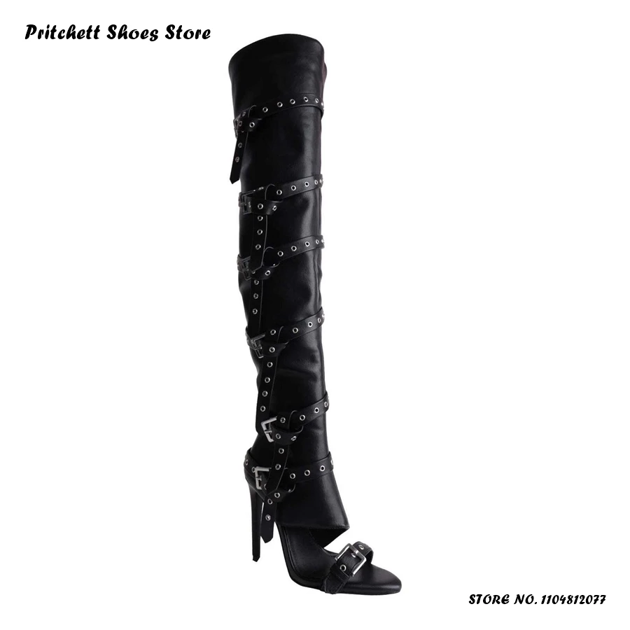 Multi Belt Buckles Thigh High Boots Round Open Toe Trending Over-the-knee Boots Women's Spring Summer Side Zip Plus Size Shoes