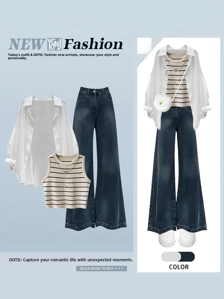 

Korean Sle Women's irt Stripe Design Vest High Waist Slimming Jeans Tee Piece Set Casual Faion Autumn Spring Summer