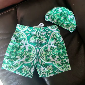 2026 New Design Children Swim Trunks Baby Boy Swim Wear Green Flower Printed Swimsuits Summer Baby Kids Swim Shorts