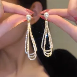 Korean Long Tassel Pearl Dangle Earrings for Women Luxury Full Rhinestone Gold Color Drop Earrings Wedding Party Jewelry Gift