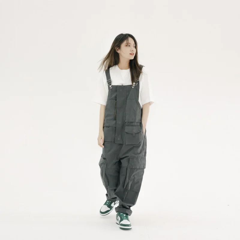 Original Design Vintage Style Casual Loose Workwear Strap Pants Pocket Zipper Simple Straight-Leg Bib Trousers Cargo Pants