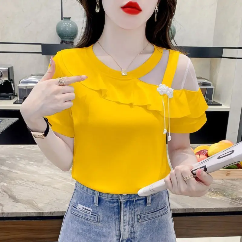 Women\'s Summer 2024 New Korean Commute Sweet Solid Color Spliced Gauze Off Shoulder Ruffles Round Neck Short Sleeve T-shirt Tops