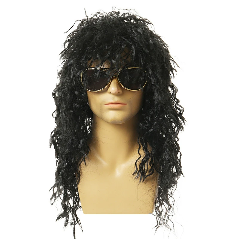 Men Long Curly Wig Black Wig Male Synthetic Cosplay Wigs Puffy High Fiber Machine For Rock Party Fluffy Nightclub Bar Wig