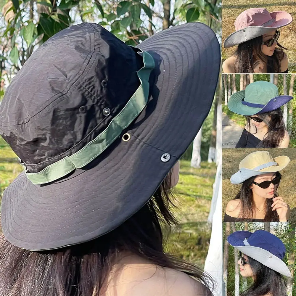 

Korean Style Mountaineering Hat Quick-drying Material Color Matching Sun Caps Retro Design Big Brim Design Quick-drying Caps