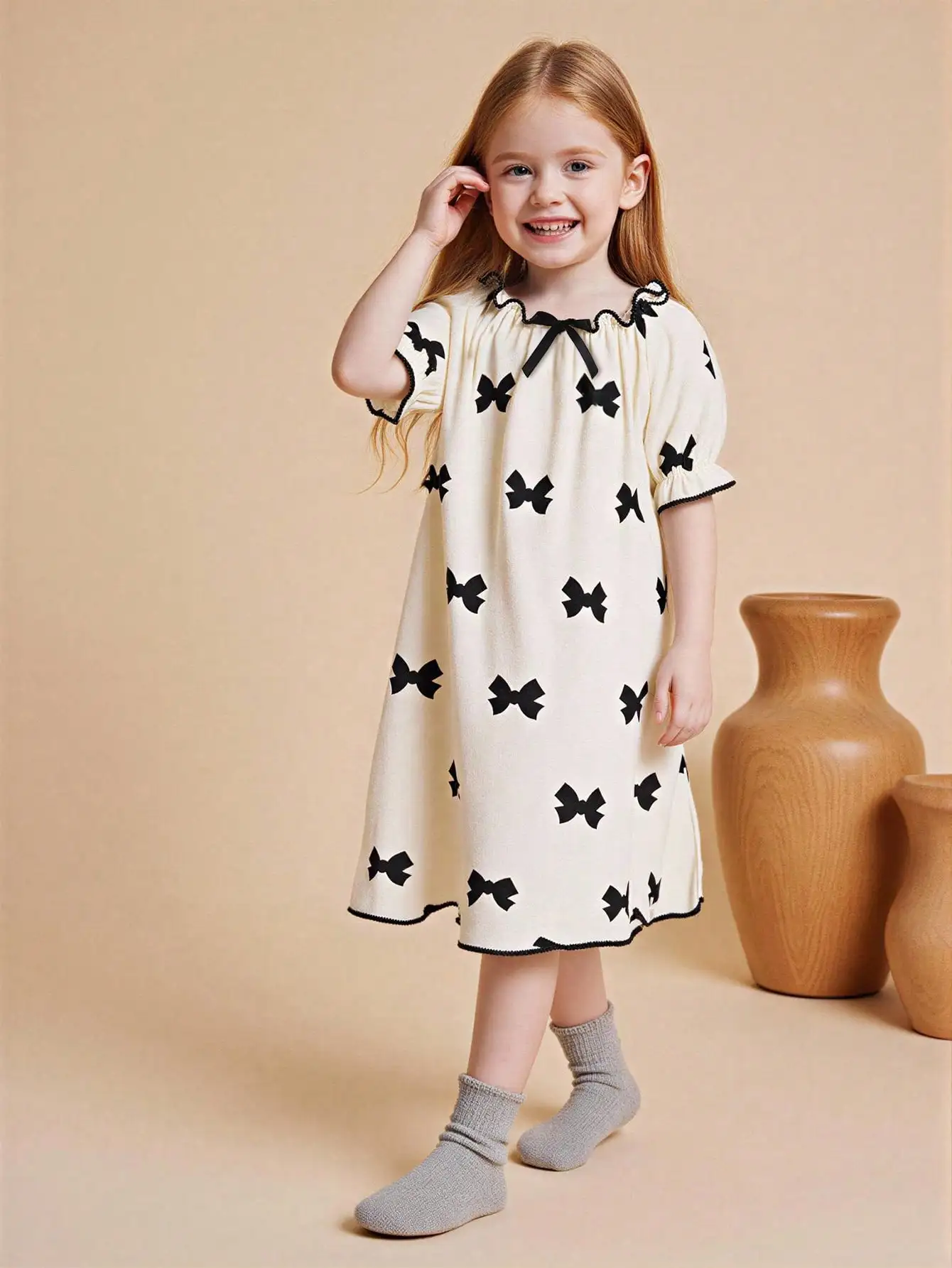 Girls' fashionable dress summer style girls' outdoor casual bow pattern short sleeved dress creates a comfortable princess style
