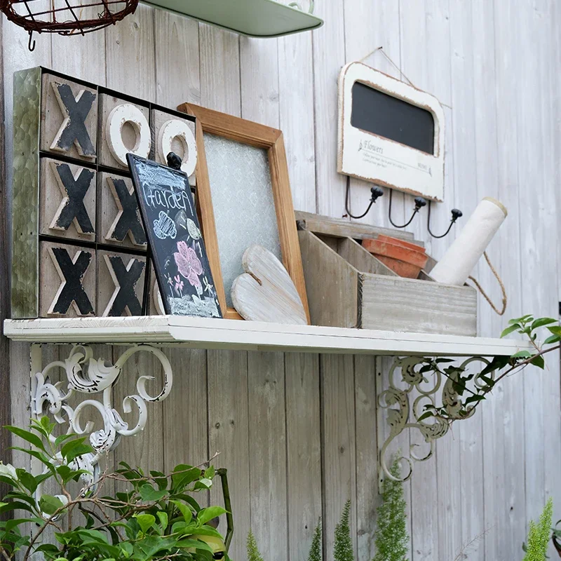 Rustic Farmhouse Wall Shelf with Ornate Brackets, French Country White, Vintage Garden Display Rack