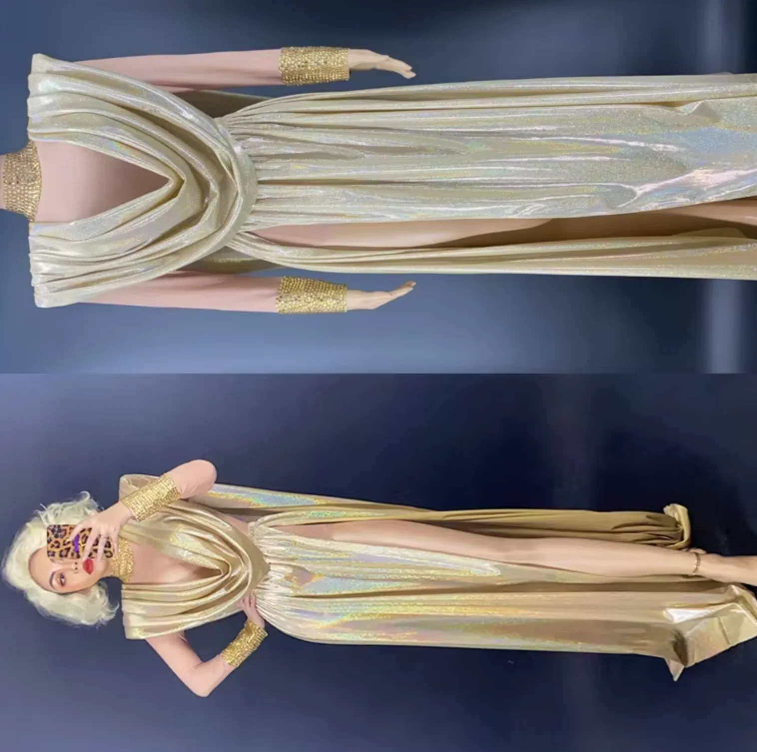 

Women Singer Evening Prom Dress Prom Dresses Sexy Gold Backless Rhinestones Dress Birthday Celebrate Dance Outfit Stage Costume