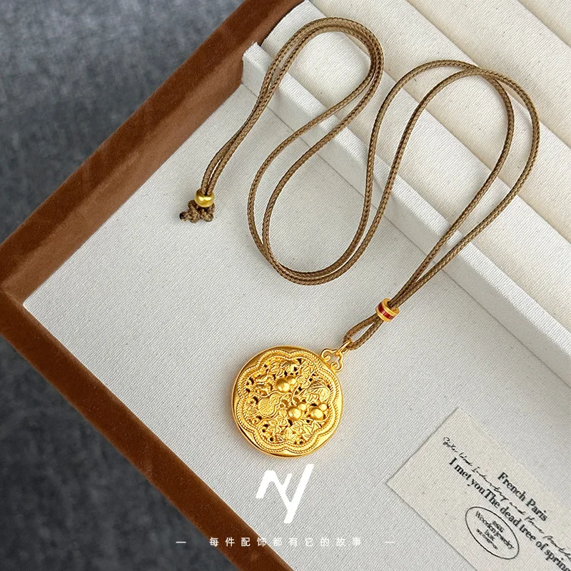 الذهب الحقيقي 999 الاتجاه الوطني الجديد على الطراز الصيني نمط عرقي مجوف تصميم تخريمي قلادة Huluhua #2