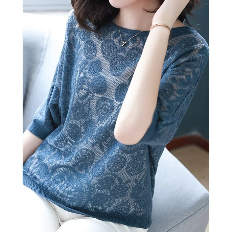 Oversize Versatile Temperament Women's Top Autumn and Winter New Hollowed Out Round Neck Half Sleeve Solid Color Pullover Shirt