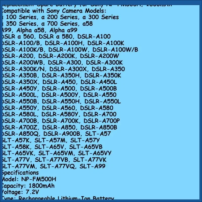 1800mah 7.2v NP-FM500H Battery for Sony Alpha A57 A65 A77 A450 A560 A580 A900 Camera Battery