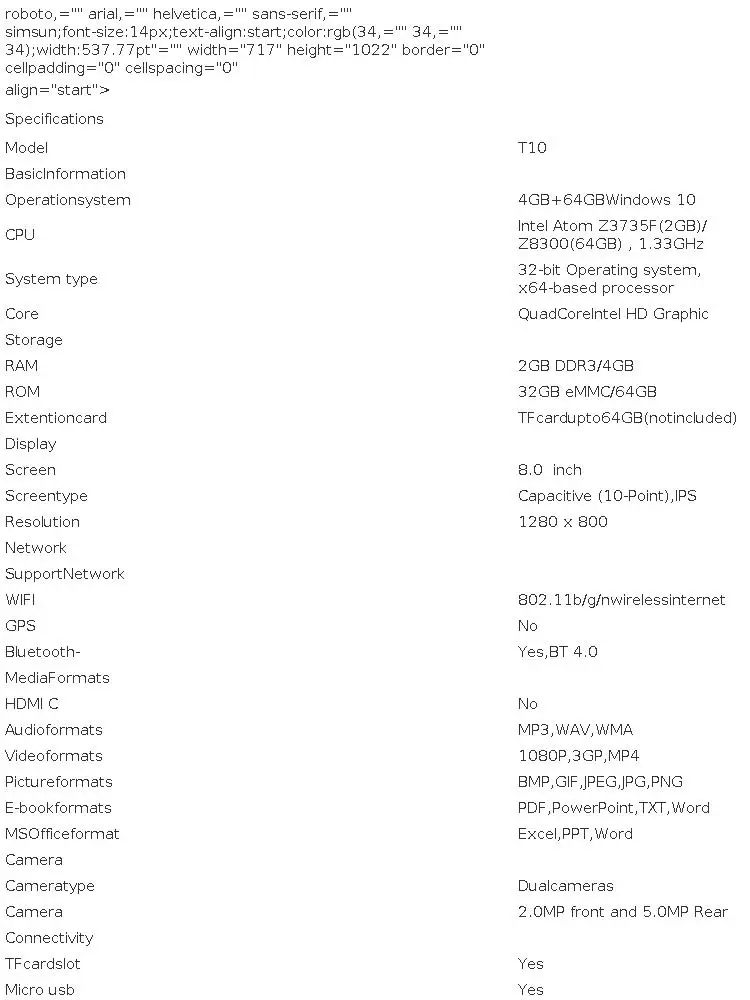 8 INCH T10 Onda Windows 10 Tablet PC 4GB RAM 64GB ROM 1280*800 Pixel Quad Core Dual Camera Built in 4000mAh Battery