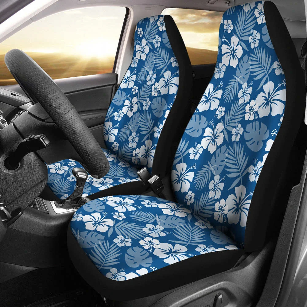 

Hibiscus Car Seat Covers In Classic Blue and White Flowers Hawaiian Pa,Pack of 2 Universal Front Seat Protective Cover