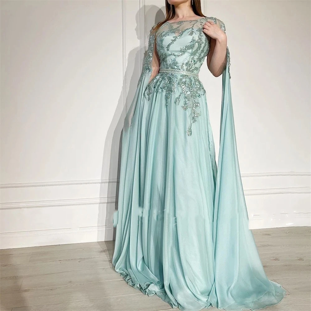 

Romantic Chiffon Long Cap Long Sleeves A Line Evening Dresses O-Neck Prom Gowns Floor Length Dinner Party Dress فساتين السهرة