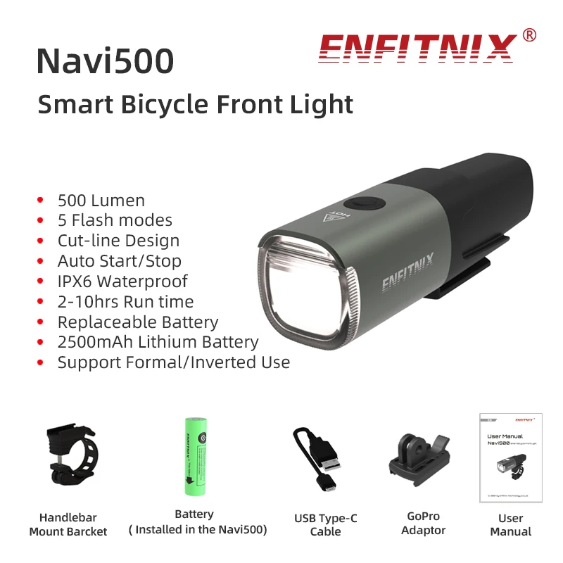 

Enfitnix Navi500 Bicycle Front Light 500Lumen USB LED Rechargeable Set Mountain Cycle Front Cycling Safety Warning Light